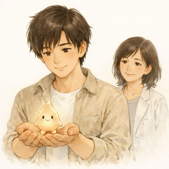 Illustration of the main characters of Asset Garden (Yuto, Miona, and the Glowing Seed)