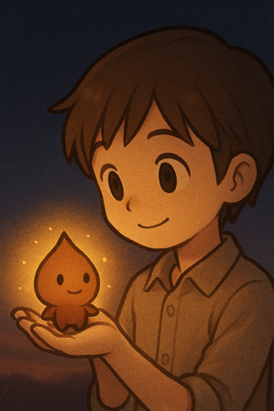 夕暮れの道端で、主人公ゆうとが淡く光るしずく型のタネを拾うシーン